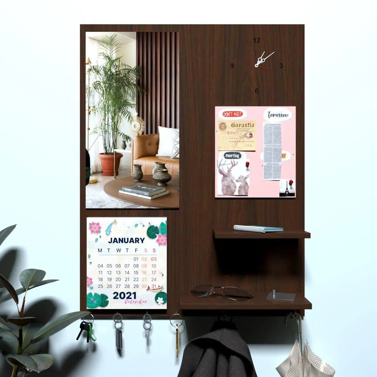 Beautiful (7 In One)' Wooden Wall Organiser With Mirror, Key hangers, Coat Hangers, Pin Board, Clock, Calendar