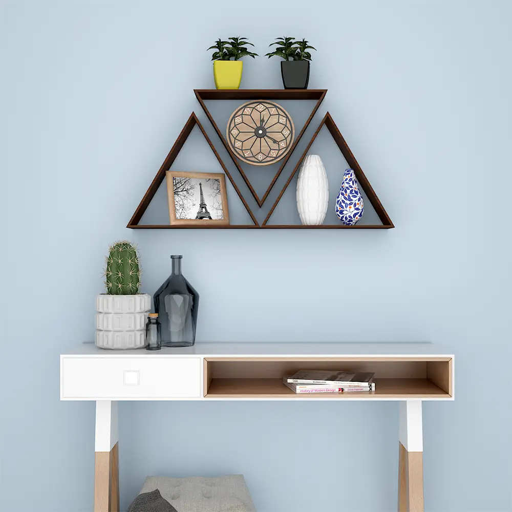 Beautiful Tringle Shape Set of 3 Wood Wall Shelf / Book Shelf, Walnut Finish