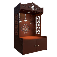 Timeless Wooden Mandir for Home with Spacious Shelf & Inbuilt Focus Light- Brown