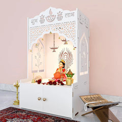 Intricate Jali Wooden Floor Temple with Spacious Shelf & Inbuilt Focus Light- White