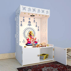Divine Wooden White Home Temple With Spacious Shelf & Inbuilt Focus Light