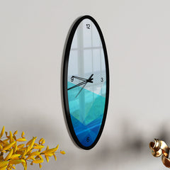Shades Of Geometric Blue Wooden Oval Wall Clock