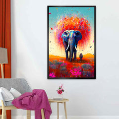 Colorful Big Elephant with a Man Walking Canvas Printed Wall Paintings & Arts