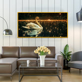Graceful Swan Serene Lake Surrounded By Whimsical Sparkling Lights Nighttime Canvas Wall Paintings Clearance Sale