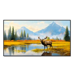 Beautiful Mountain and Moose Standing in A Marsh Canvas Printed Wall Paintings