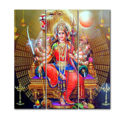 Durga Maa Beautiful Painting On Canvas Set Of 3 Wooden Frames