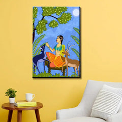 Beautiful Lady With Deer Madhubani Painting /  Canvas Print  Stretched on Wood Bars 61 x 41cm