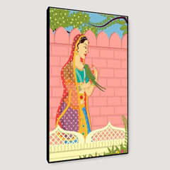 Queen with parrot Beautiful Madhubani Painting /  Canvas Print  Stretched on Wood Bars 61 x 41cm