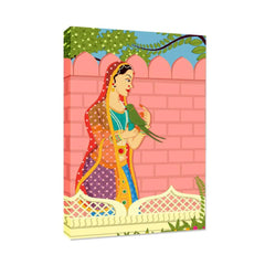 Queen with parrot Beautiful Madhubani Painting /  Canvas Print  Stretched on Wood Bars 61 x 41cm