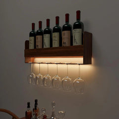 Backlit MDF Bar Wall Shelf-cum-Mini Bar Cabinet in Walnut Finish