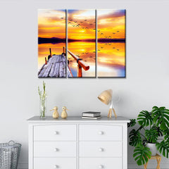 Beautiful Sunset with Birds 3 Pieces Wall Painting with Wooden Framed