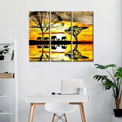 Beautiful Sunset with Elephant Group 3 Pieces Wall Painting with Wooden Framed