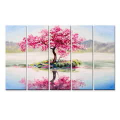 Beautiful Pink Cherry Blossom Tree 5 Pieces Multicolour Wall Painting Framed on Wood