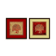 Madhubani  Painting with Frame - Set of 2 - Trees Art / Dark Brown Wood Texture Frame