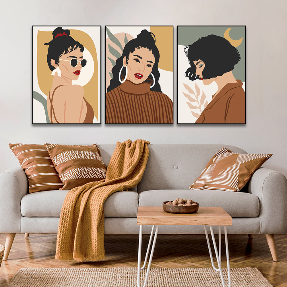 Modern Art Premium Brown Boho Frame Painting for Wall Decoration Set of 3