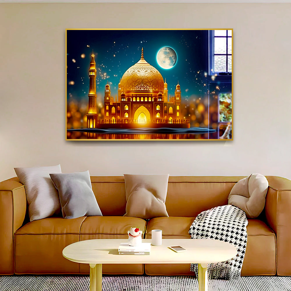 Beautiful Golden Islamic Mosque in Moon Light Acrylic Wall Paintings & Arts
