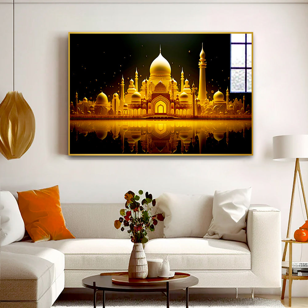 Beautiful Golden Islamic Mosque in Night Light Acrylic Wall Paintings & Arts