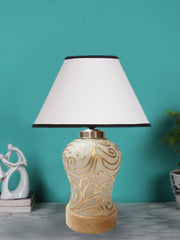 Conical White & Black Cotton Shade Lamp with Wood & Mosaic Glass Base