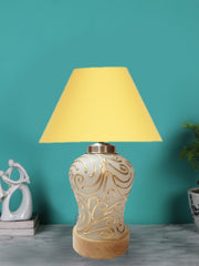 Conical Yellow Cotton Shade Lamp with Wood & Mosaic Glass Base