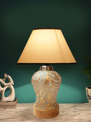 Conical White & Black Cotton Shade Lamp with Wood & Mosaic Glass Base