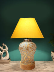 Conical Yellow Cotton Shade Lamp with Wood & Mosaic Glass Base