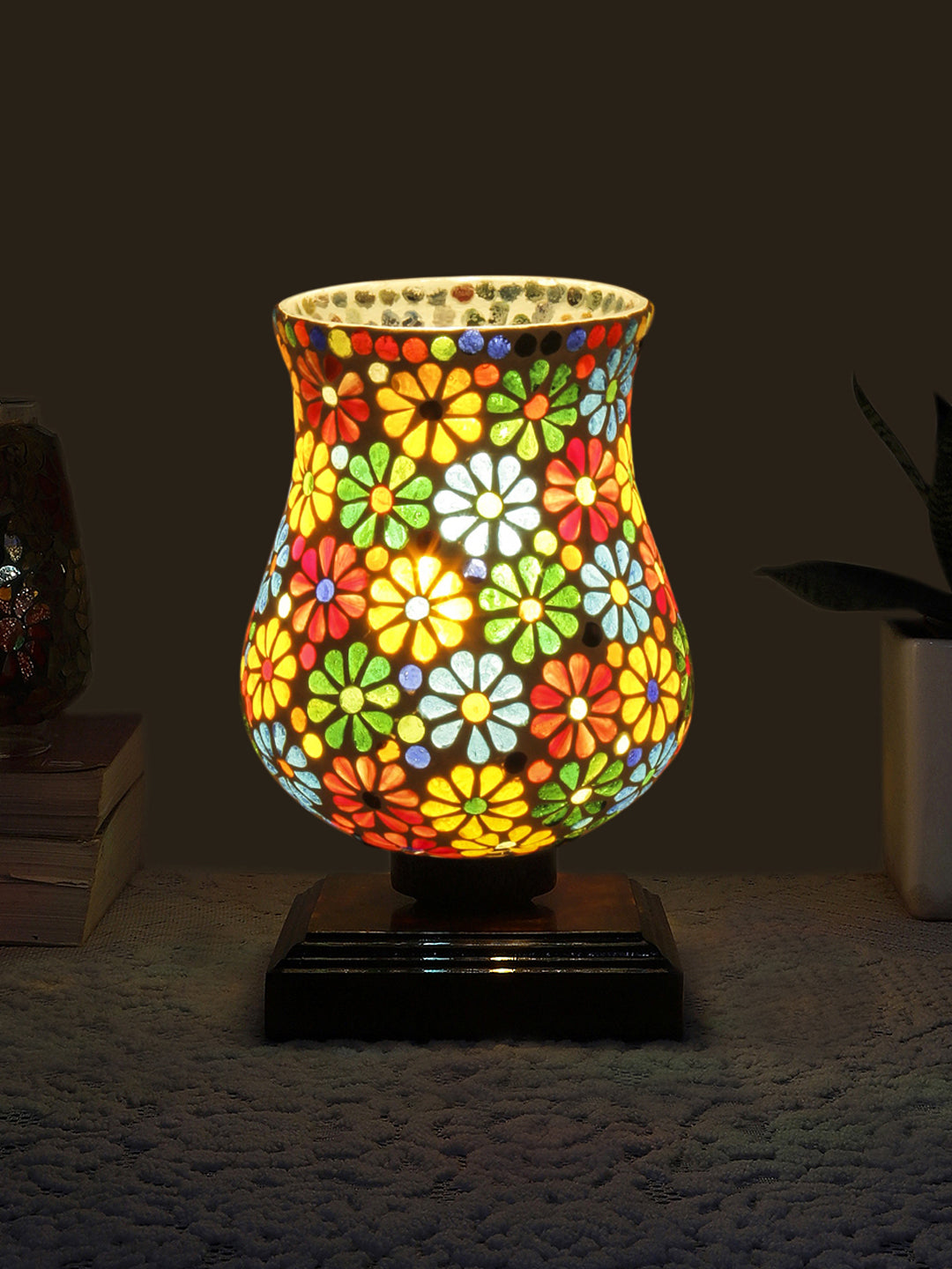 Mosaic Glass Table Lamp with wood Square Brown Base (NM31)