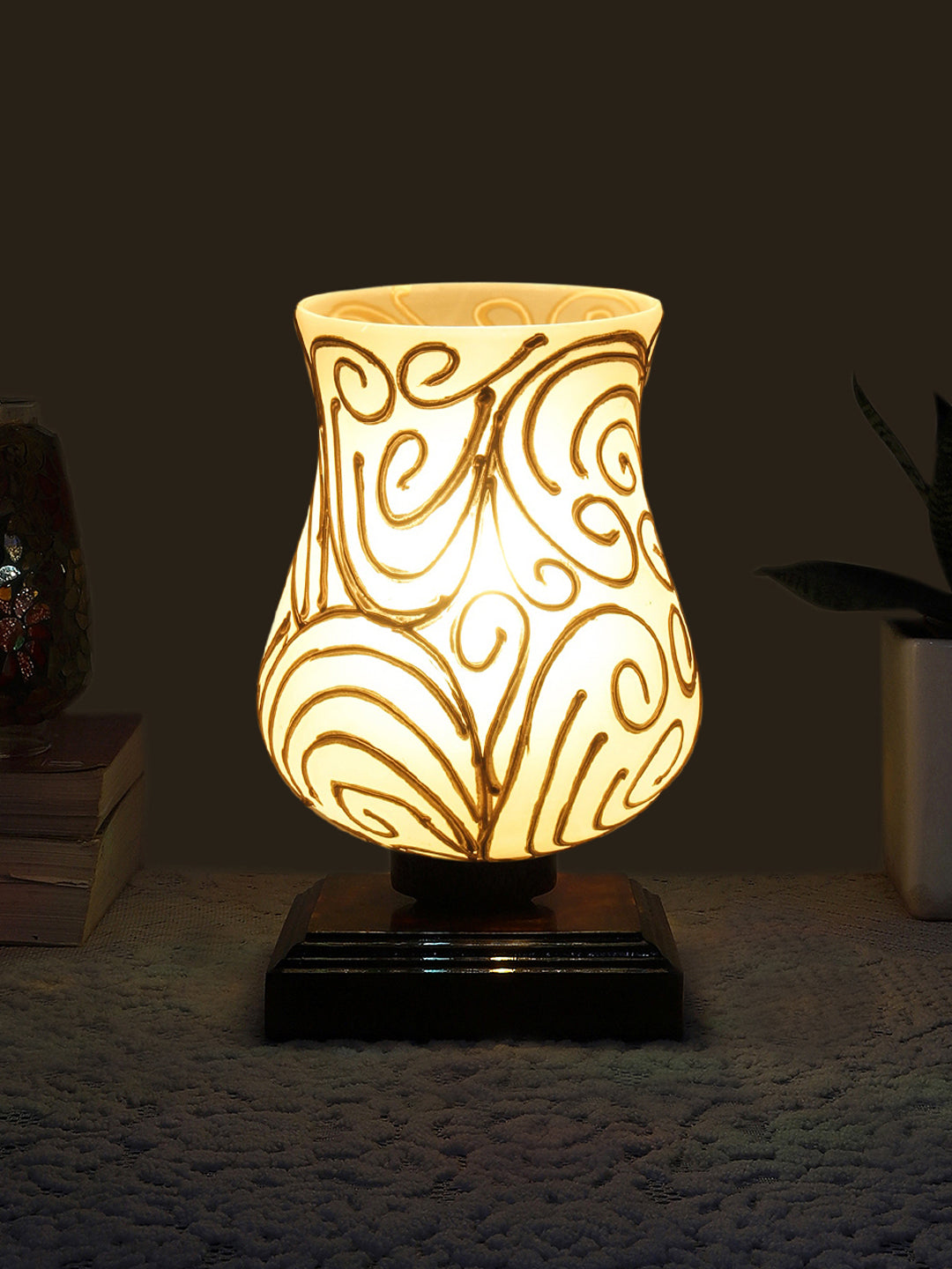 Mosaic Glass Table Lamp with wood Square Brown Base (NM37)