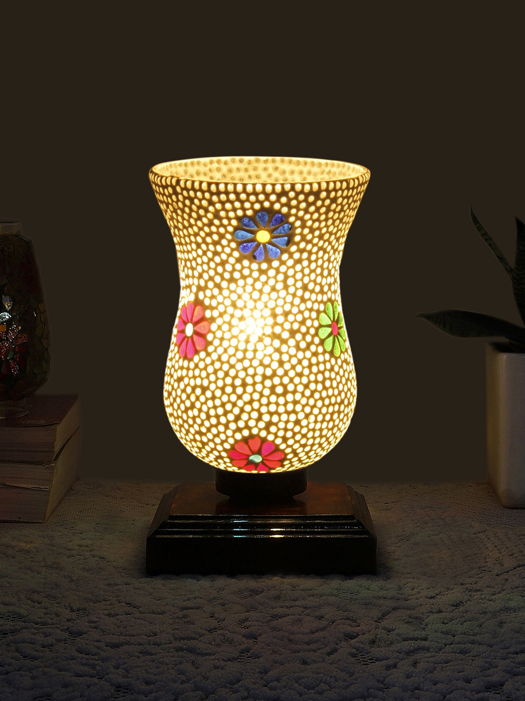 Mosaic Glass Table Lamp with wood Square Brown Base (NM34)