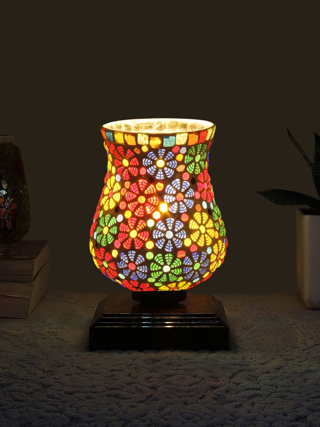 Mosaic Glass Table Lamp with wood Square Brown Base (NM29)