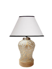 Conical White & Black Cotton Shade Lamp with Wood & Mosaic Glass Base