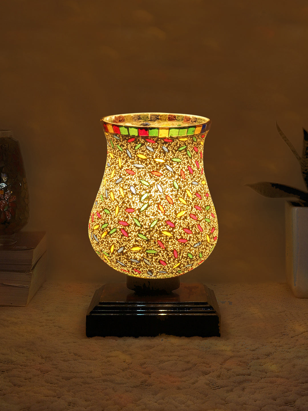 Mosaic Glass Table Lamp with wood Square Brown Base (NM40)