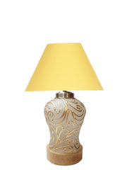 Conical Yellow Cotton Shade Lamp with Wood & Mosaic Glass Base