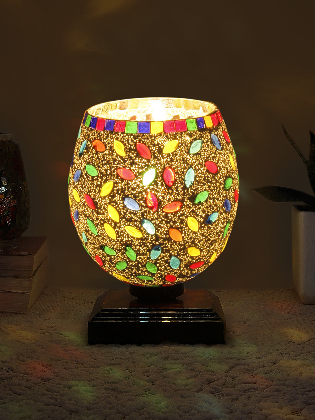 Mosaic Glass Table Lamp with wood Square Brown Base (NM33)