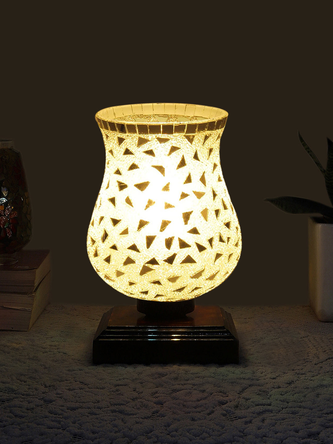 Mosaic Glass Table Lamp with wood Square Brown Base (NM30)