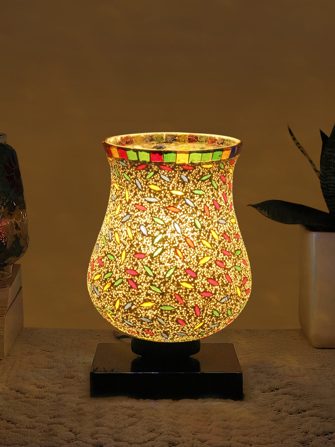 Mosaic Glass Table Lamp with wood Square Black Base (NM18)