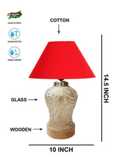 Conical Red Cotton Shade Lamp with Wood & Mosaic Glass Base
