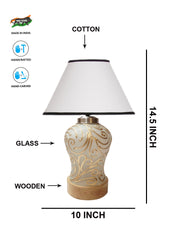 Conical White & Black Cotton Shade Lamp with Wood & Mosaic Glass Base
