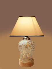 Conical White & Black Cotton Shade Lamp with Wood & Mosaic Glass Base