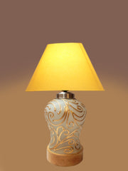 Conical Yellow Cotton Shade Lamp with Wood & Mosaic Glass Base