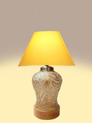 Conical Yellow Cotton Shade Lamp with Wood & Mosaic Glass Base