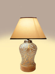 Conical White & Black Cotton Shade Lamp with Wood & Mosaic Glass Base