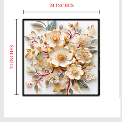 3D Floral Wall Art – Elegant Gold and White Paper Flower Design in Black Frame