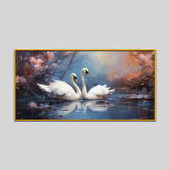 Painting Two Swans Swimming Pond with Pink Flowers Canvas Wall Paintings