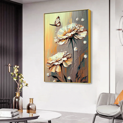 Acrylic Wall Paintings - Hand Painted Abstract Floral with Golden Paint Strokes - Modern Art Poster Decoration Print