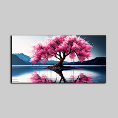 Serene Pink Blossom Tree Wall Art – Cherry Tree on Water with Mountain Reflections