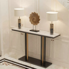 Chic White Marble Console with Sleek Black and Gold Frame