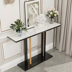 Chic White Marble Console with Sleek Black and Gold Frame