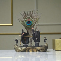 Exquisite Black & Gold Lord Krishna Hands Flute Player Statue with Peacock Feather