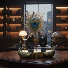 Exquisite Black & Gold Lord Krishna Hands Flute Player Statue with Peacock Feather