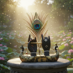 Exquisite Black & Gold Lord Krishna Hands Flute Player Statue with Peacock Feather